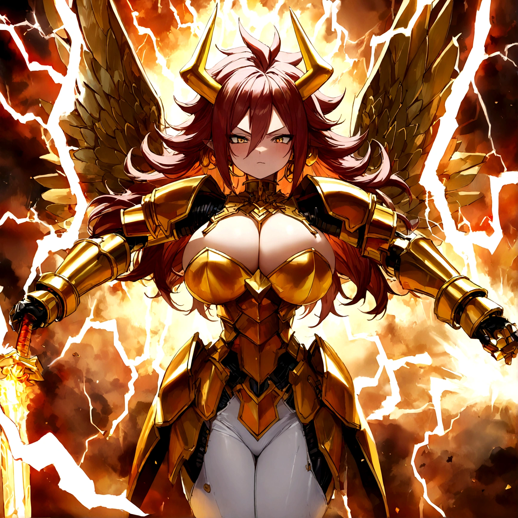 ((Lightning Power)), ((Electricity)), ((Fire Background)), ((Lightning Storm)), ((Power Erupting)),((((android 21)))), (((white Coat))), (((Busty))), (((((Big breast:1,3)))), luxury bustier corset, ((silver hair)), (((Very slim waist))), propotional body, ((Gorgeous)), (((gold wings))), masterpiece, hyperdetail, ambient effect, digital effect, (((FIRE SWORD)), (((Lightning Sword))), (((Fire Gold Armor))), (((Lightning Gold Wings))), ((Fire Demon Horns))