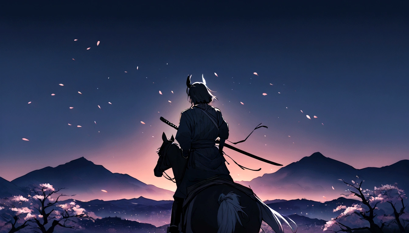 1 person, Samurai on horseback holding a sword, male,Back view,highest quality, cherry blossoms, Mountain々,Moonlit Night