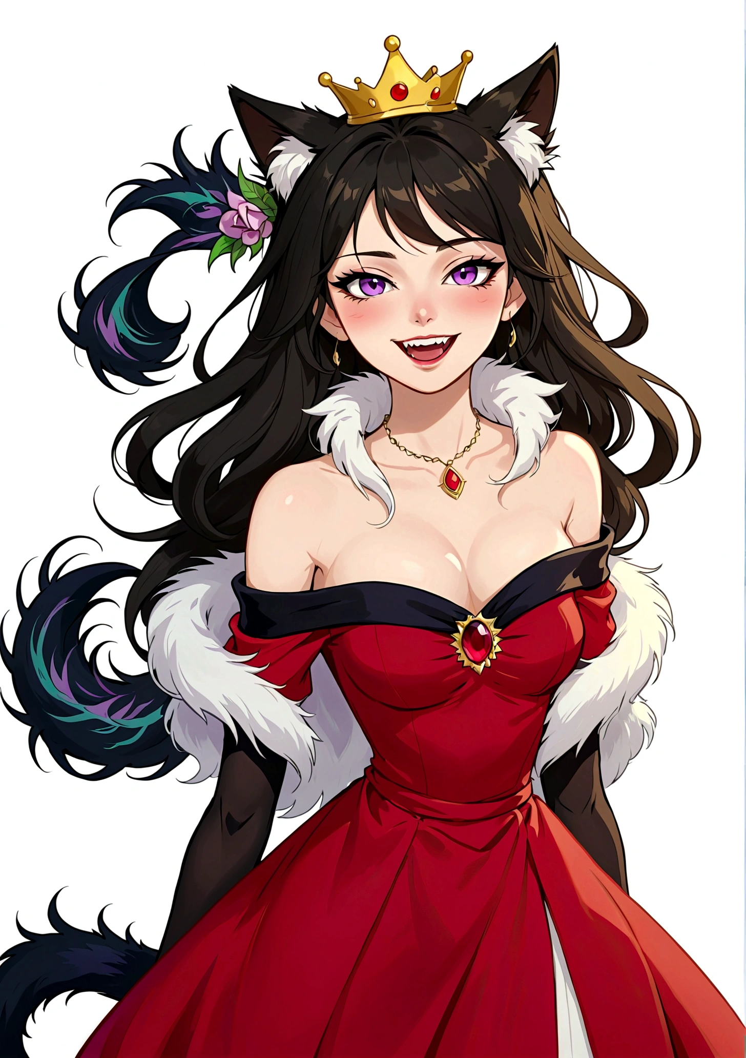 grace,Feminine,Anime Girl,laughing out loud,Fangs,Purple Eyeshadow,Black long hair,Cat ears,Small Crown,Red off-shoulder dress,Fur collar shawl,wave,Slender neck