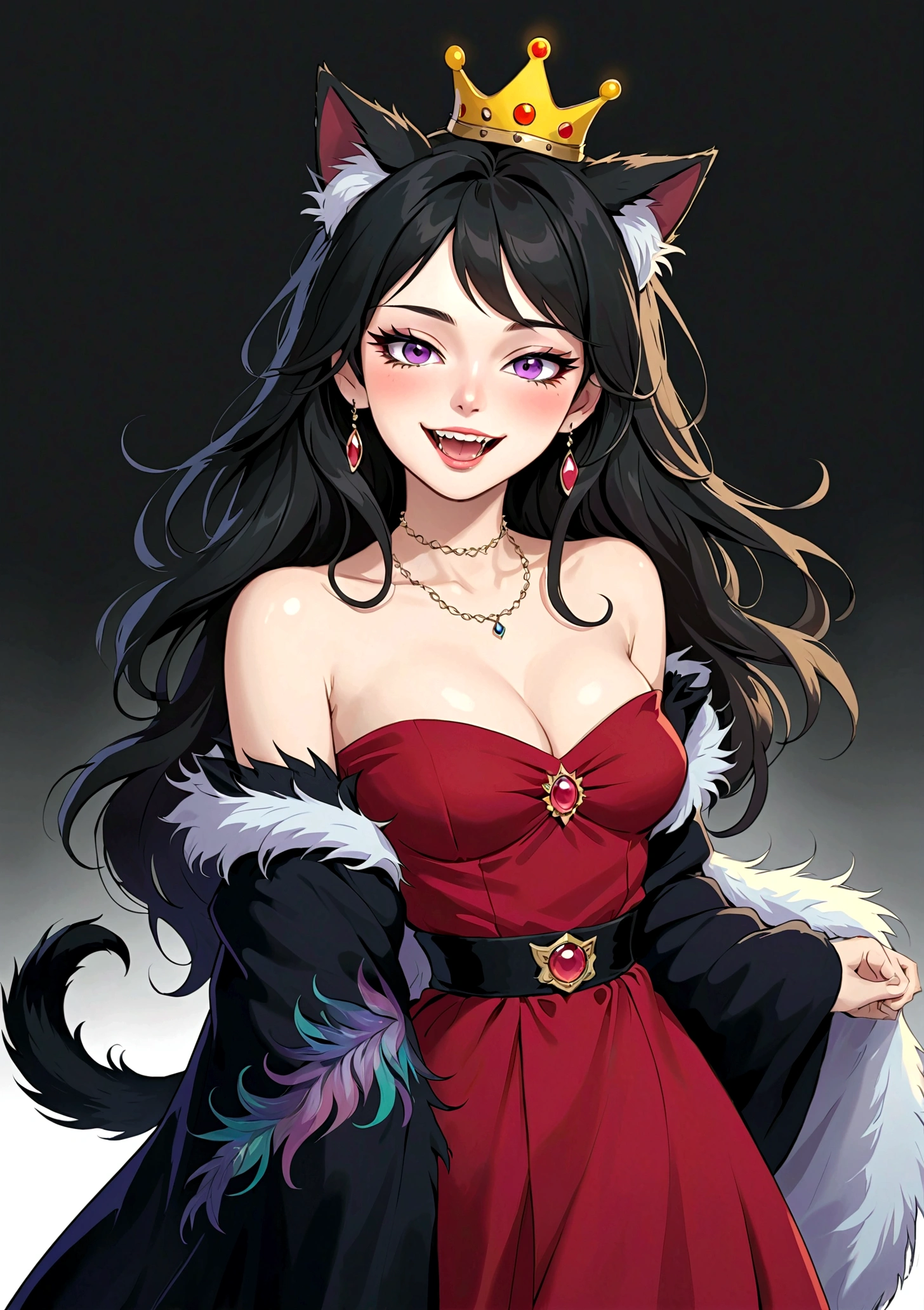 grace,Feminine,Anime Girl,laughing out loud,Fangs,Purple Eyeshadow,Black long hair,Cat ears,Small Crown,Red off-shoulder dress,Fur collar shawl,wave,Slender neck