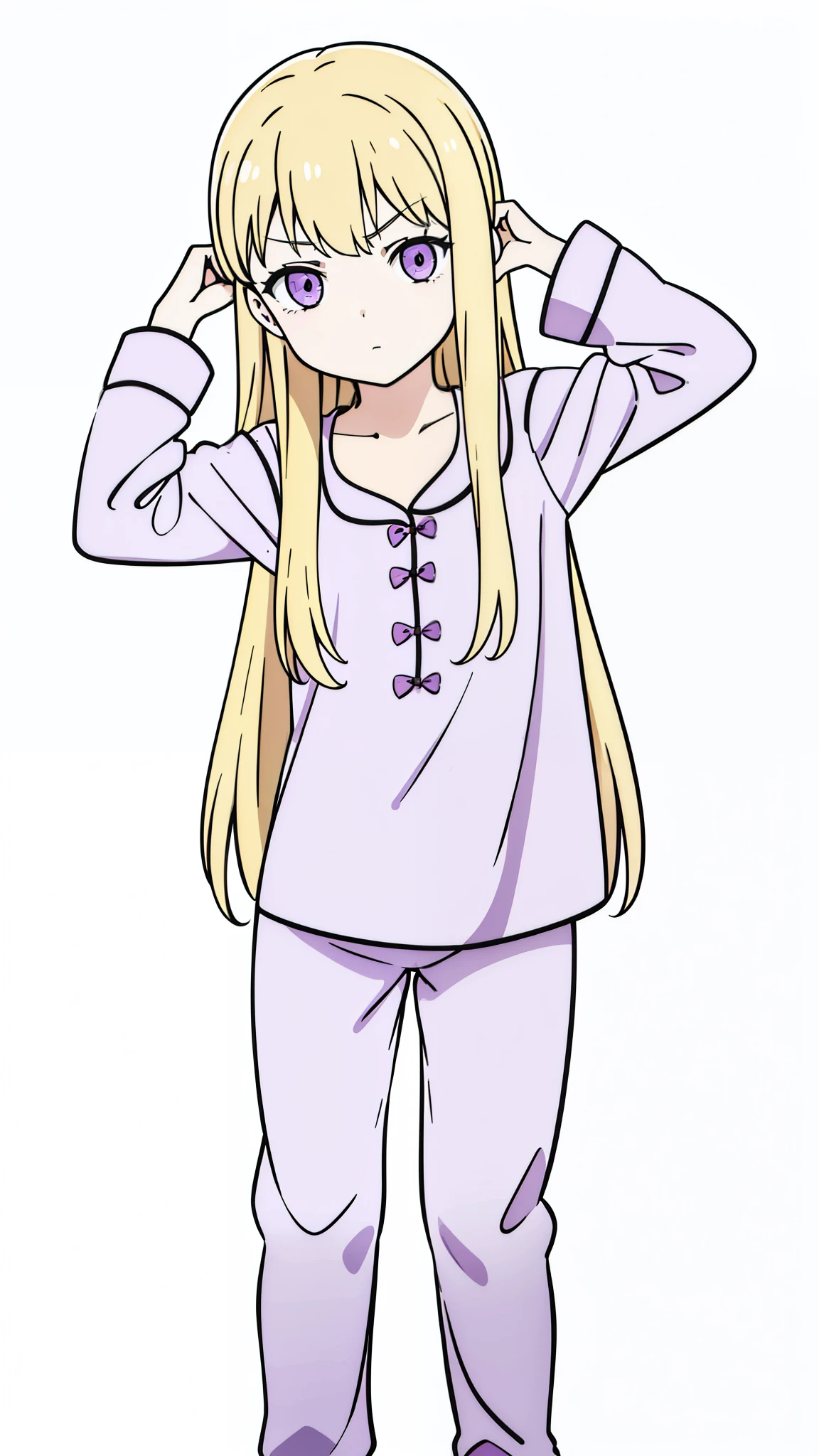 (1girl,9 years old,small,???),blonde hair,long hair,((dark purple pijama)),long sleeves,serious,(white background,line drawing),leaning to the side,:0,hands on your own head