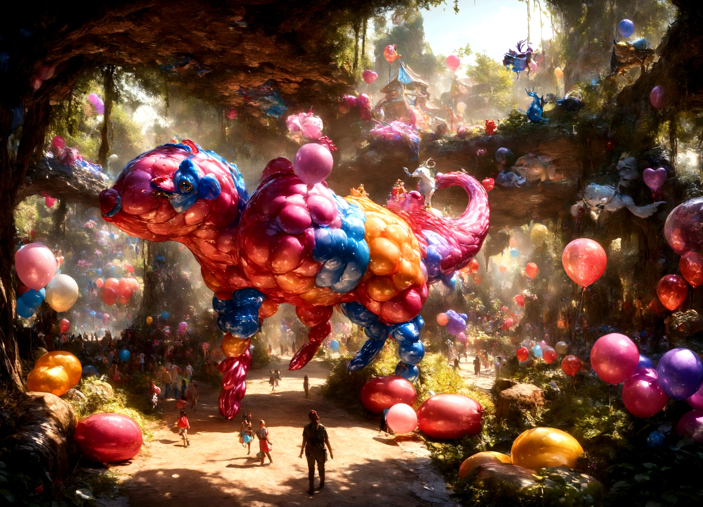 a zoo full of balloon animals, pretzel people wandering the trails, colorful and whimsical balloon animals, cute and playful balloon creatures, vibrant and imaginative balloon zoo, surreal and fantastical balloon animal exhibit, highly detailed and textured balloon animals, dynamic and lively balloon animal enclosures, (best quality,4k,8k,highres,masterpiece:1.2),ultra-detailed,(realistic,photorealistic,photo-realistic:1.37),3D render,hyperrealistic,vivid colors,soft lighting,magical,dreamlike,quirky,playful,imaginative
