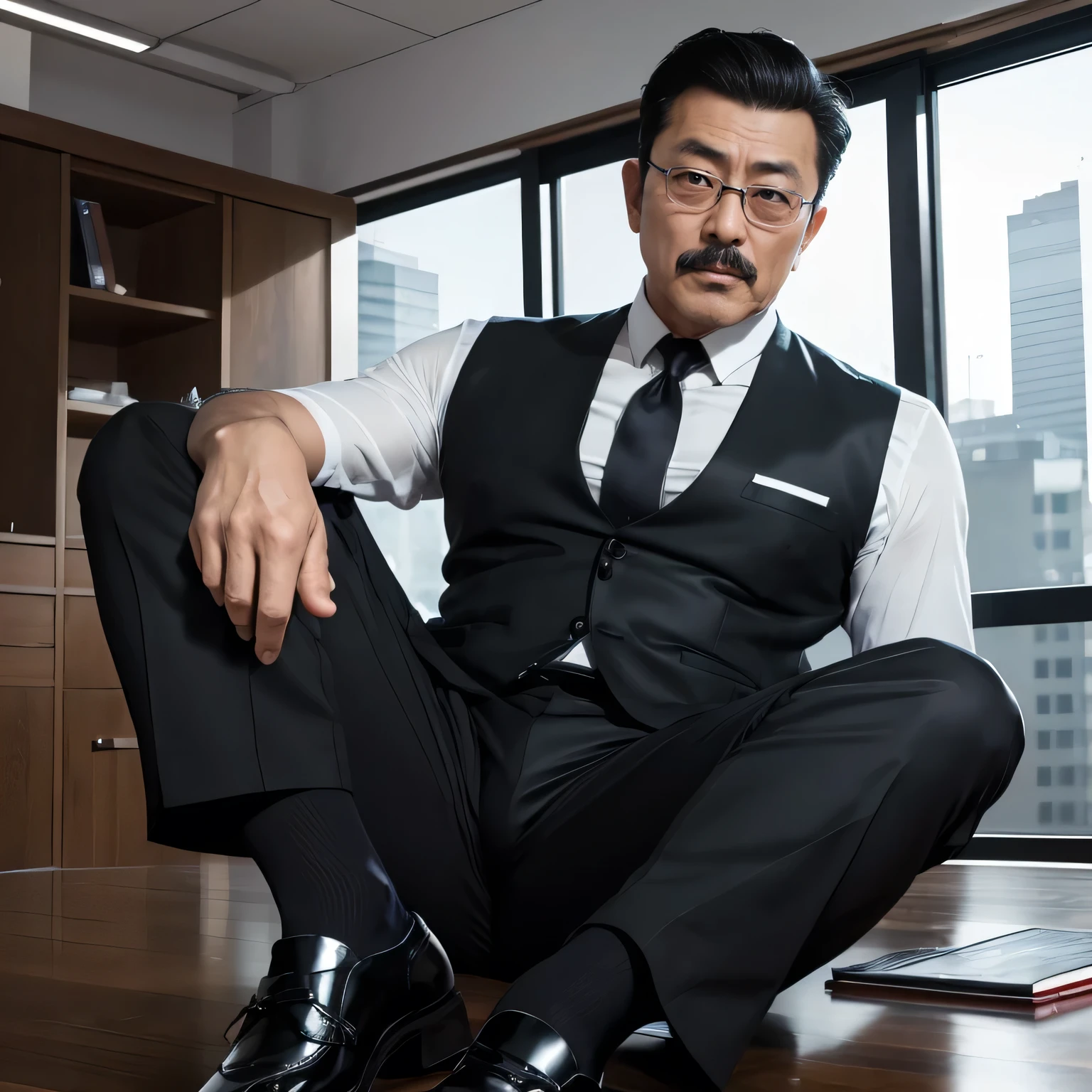 55 years old，Kogoro Mori，uncle，，Convex，in office，Wear black socks，anti-slip leather shoes，White liquid on leather shoes，beard，toughness，Drooling in the mouth，HD，artwork，Charming and sexy expression pose，full of enjoyment，Very shy，exposed，Spread your legs and straighten them，Wear a suit，Trousers，A large protrusion with masculine characteristics，Wear black socks，The crotch has columnar protrusions，God&#39;view，Take off your pants，Sexy lingerie lace，Floor perspective, Ecstasy expression/gender(milky, Translucent mucus in the abdomen and chest)