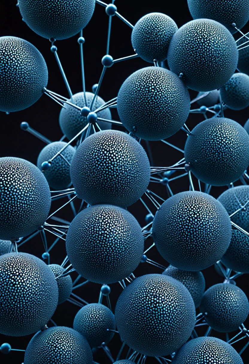  The image depicts a pattern of spheres y that resemble a network of dots, creating a three-dimensional appearance.
