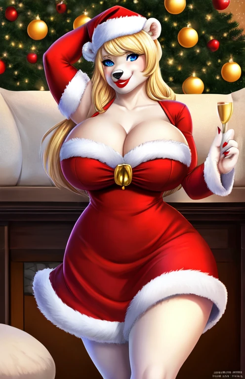 Blonde polar bear woman, wearing a backless Santa dress, perfect face, blue eyes, , cleavage, b red lipstick,o, smile, perfect detailed body,