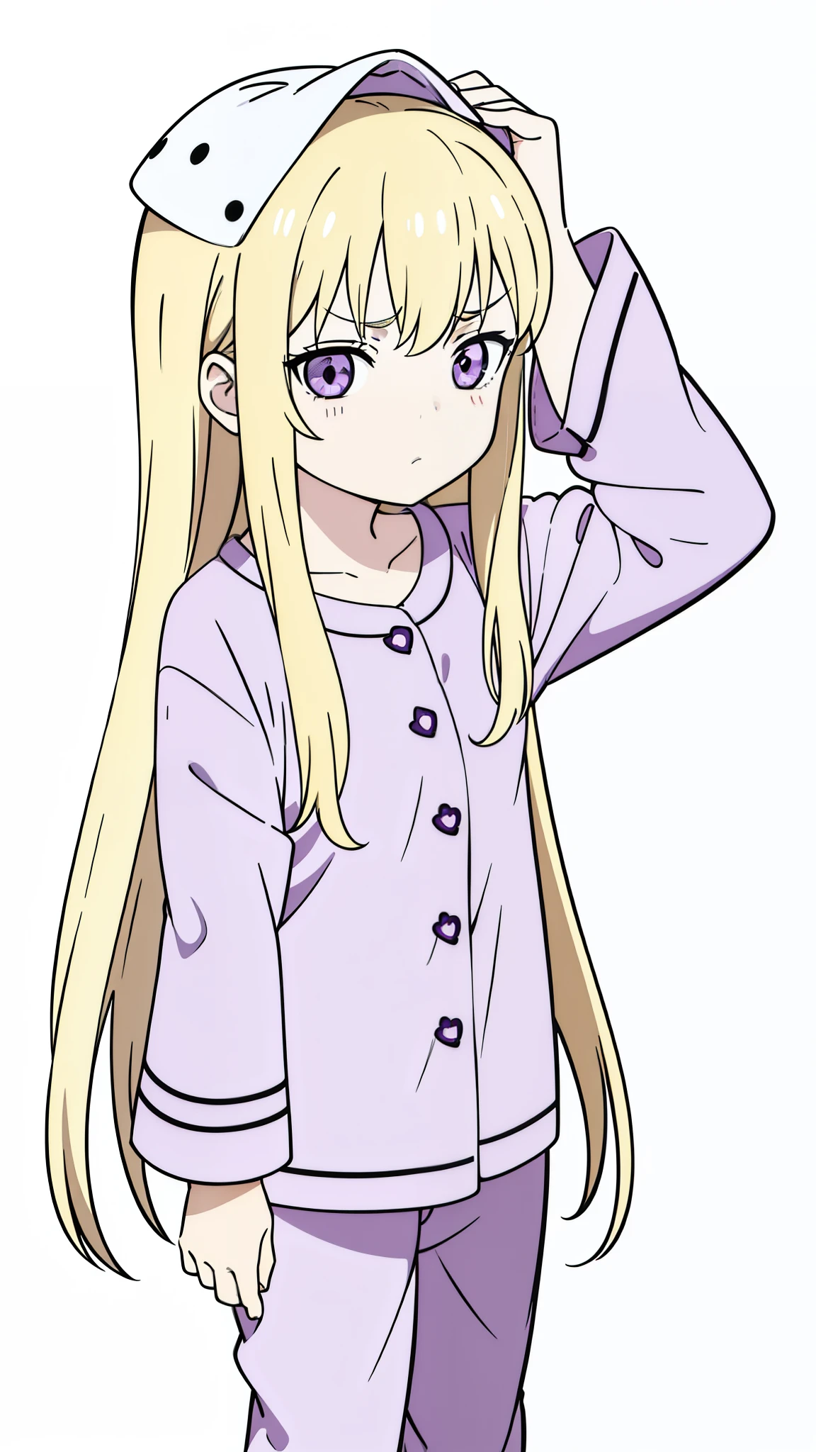 (1girl,9 years old,small,),blonde hair,long hair,((dark purple pijama)),long sleeves,serious,(white background,line drawing),leaning to the side,:0,hands on your own head