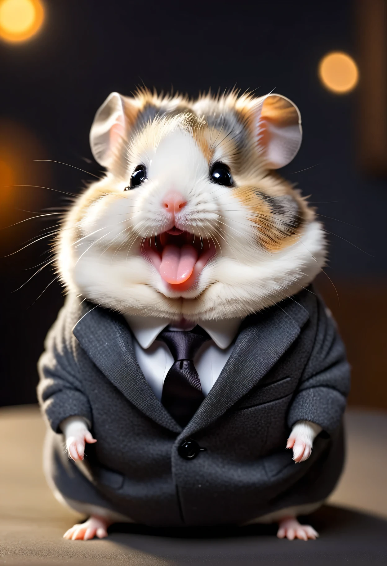 face close up photo of anthropomorphic [fat] angora hamster,(furry), dressed in a dark gray suit, (sticking out tongue:1.5),(happy smile:1.5),(playful:1.2), soft lighting, Cinematic, hdr, primitive, Intricate, High quality, smoothing tones, Intricate details, Low contrast,(viewed from side:2.0), (looking at viwer:1.5), simple background