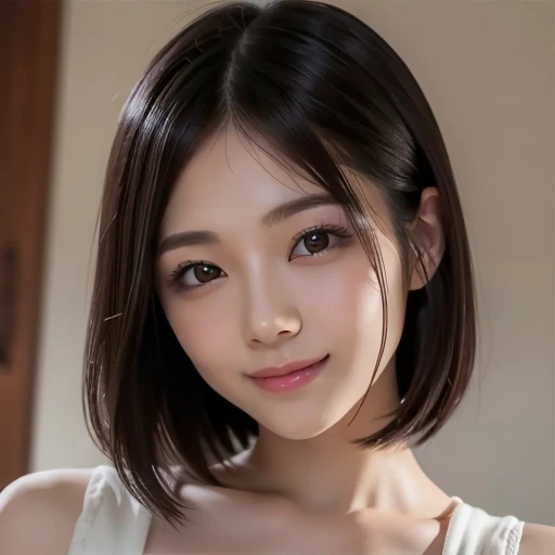 8k, highest quality, very detailed, high resolution, small breasts, thin lips, detailed face, cute smile, cute Japanese female idol, cute 24 year old beauty, beautiful and graceful features, cute face, natural bangs, well groomed, arched, thin eyebrows, ((large, well balanced eyes)), cute eyes, beautiful thin nose, beautiful skin, fair skin, medium bob hair, natural bangs, slim face, beautiful collarbone, slim figure, (looking at camera with a gentle smile), (face lighting), bright lighting, professional lighting, forward lighting, gentle smile, face lighting,