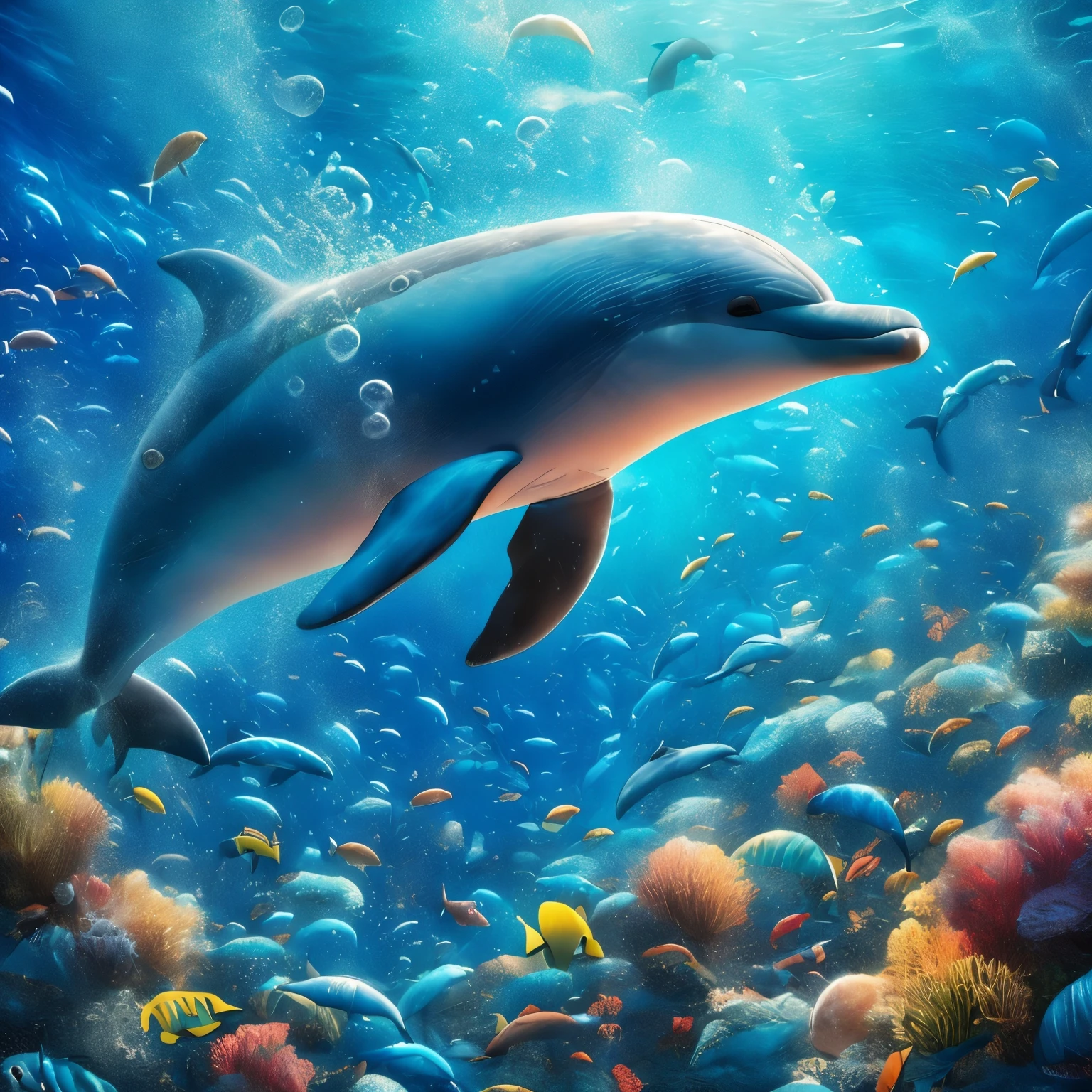 Beautiful dolphin representational art, photorealistic dolphin swimming under the sea, art, Hawaii sea coast, bubble trails, small dolphin family pods playing, colorful abundant fish, 8k resolution,