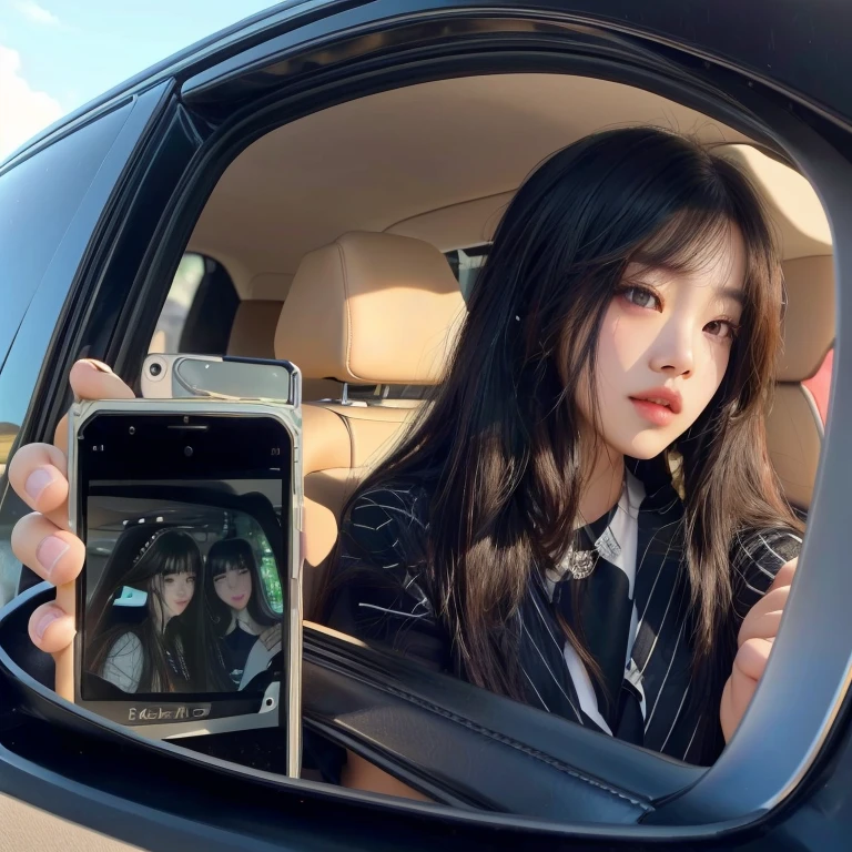 Asian woman taking a selfie in the mirror of a car with her cell phone, Bae Suzy, ulzzang, Kim Jennie de Blackpink, janice cantado, ella tiene el pelo negro con flequillo, Kim Jennie de blackpink, sentada en su auto, 8k selfie photography, jisoo de blackpink, jennie rosa negro, selfie con iPhone, fan bing, Jisoo de Blackpink