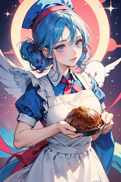 Shakertchi has a blue body. She has two circular eyes with curled eyelashes, blue cheek spots, and a pink beak. She wears a red ribbon tied around her neck, a chef's hat on her head, and a large white apron. SPARKLE; GLITTER