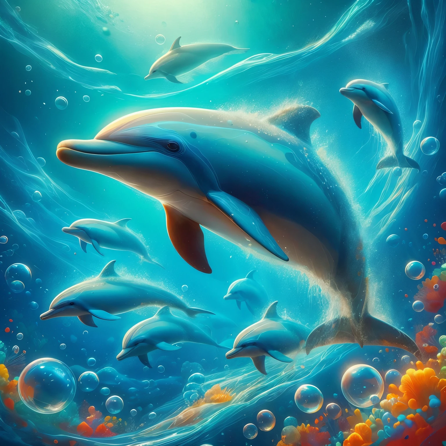 Beautiful dolphin representational art, photorealistic dolphin swimming under the sea, art, Hawaii sea coast, bubble trails, small dolphin family pods playing, colorful abundant fish, 8k resolution,