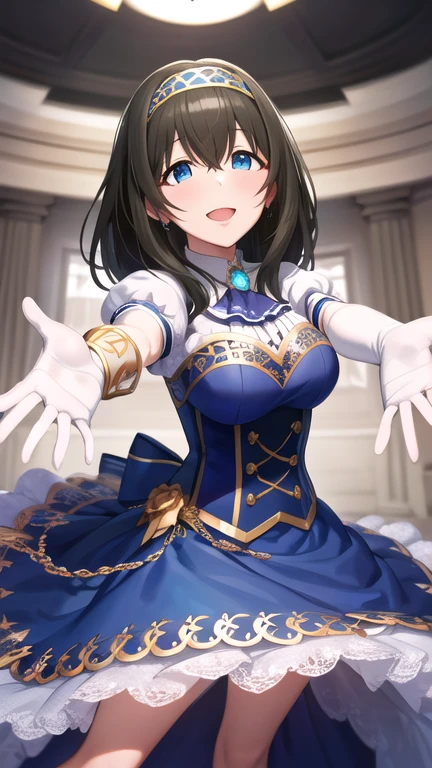 masterpiece, best quality, highres, Sagisawa Fumika, idolmaster, long hair, hairband, blue dress, puffy short sleeves, bracelet, elbow gloves, white gloves, outstretched arms, smile, open mouth,