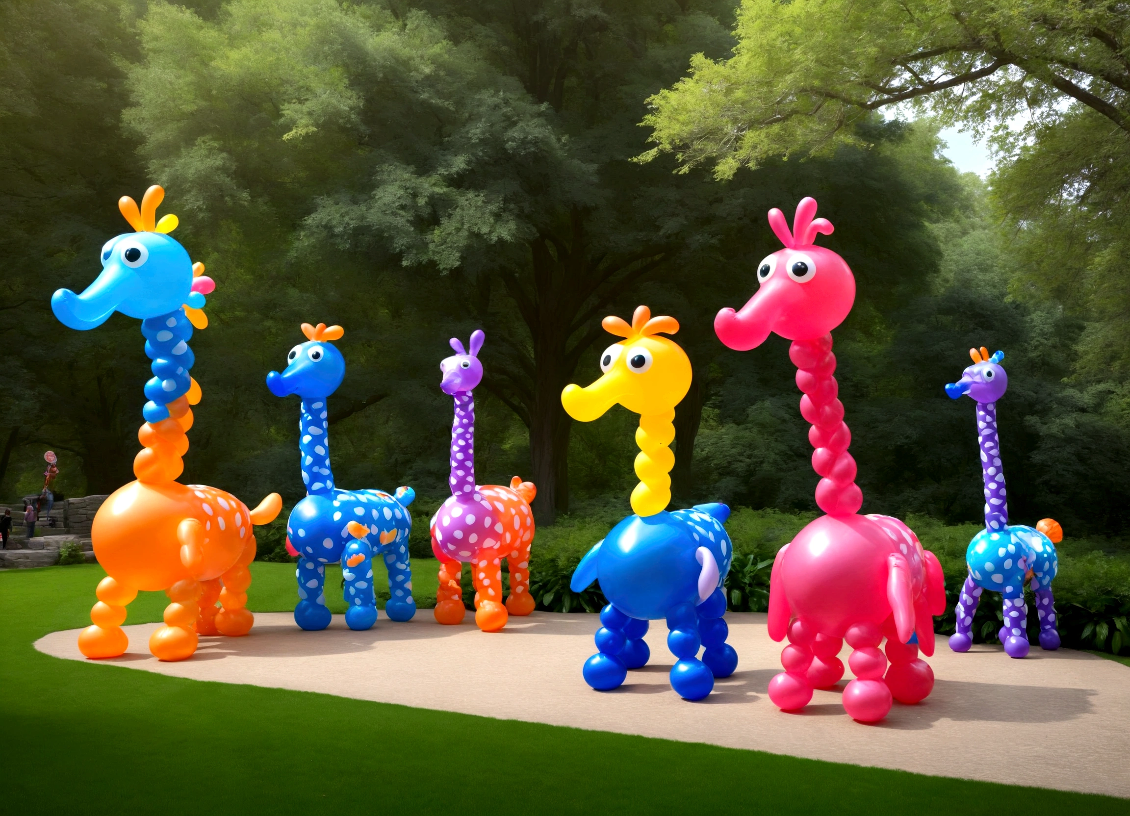 a zoo full of balloon animals, pretzel people wandering the trails, colorful and whimsical balloon animals, cute and playful balloon creatures, vibrant and imaginative balloon zoo, surreal and fantastical balloon animal exhibit, highly detailed and textured balloon animals, dynamic and lively balloon animal enclosures, (best quality,4k,8k,highres,masterpiece:1.2),ultra-detailed,(realistic,photorealistic,photo-realistic:1.37),3D render,hyperrealistic,vivid colors,soft lighting,magical,dreamlike,quirky,playful,imaginative