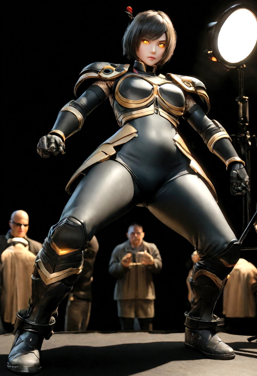 a cyborg tomboy girl with short hair, glowing golden pupil eyes, futuristic and majestic design, sleek armor, ready to fight pose, against a black background, anime 3D style, best quality, 8k, highres, masterpiece, ultra-detailed, realistic, photorealistic, photo-realistic, HDR, UHD, studio lighting, ultra-fine painting, sharp focus, physically-based rendering, extreme detail description, professional, vivid colors