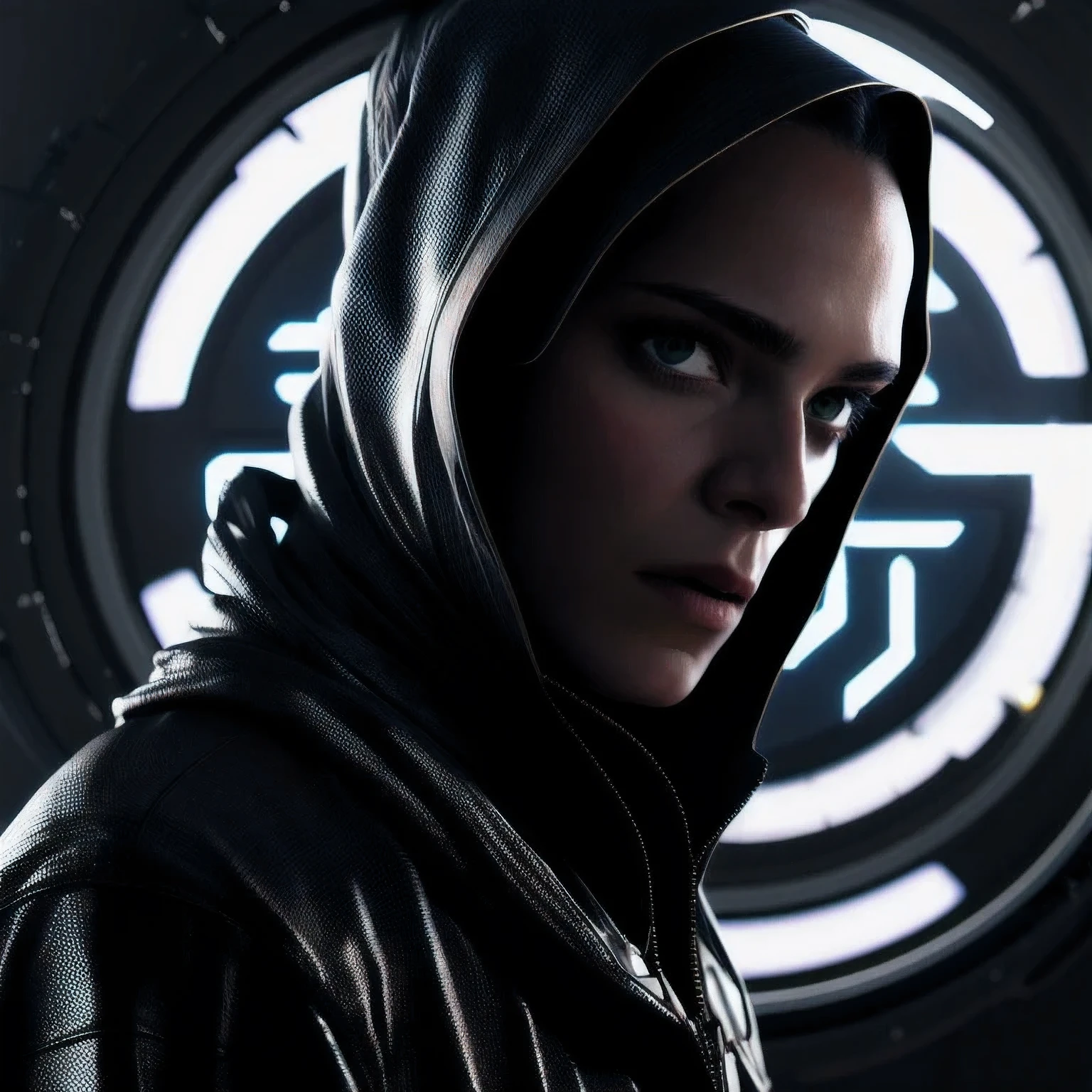 a close up of a person in a hoodedie standing in front of a clock, techwear occultist, dystopian sci-fi character, epic scifi character art, dark cyberpunk illustration, dark high-contrast concept art, dark futuristic, symmetric concept art, dark hooded wraith, epic sci - fi character art, epic sci-fi character art