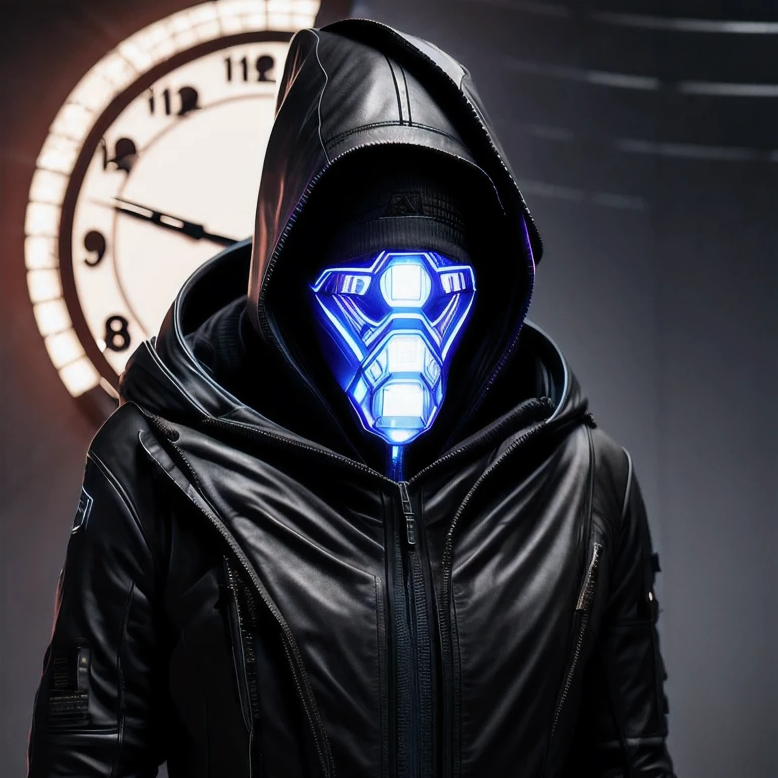 a close up of a person in a hoodedie standing in front of a clock, techwear occultist, dystopian sci-fi character, epic scifi character art, dark cyberpunk illustration, dark high-contrast concept art, dark futuristic, symmetric concept art, dark hooded wraith, epic sci - fi character art, epic sci-fi character art