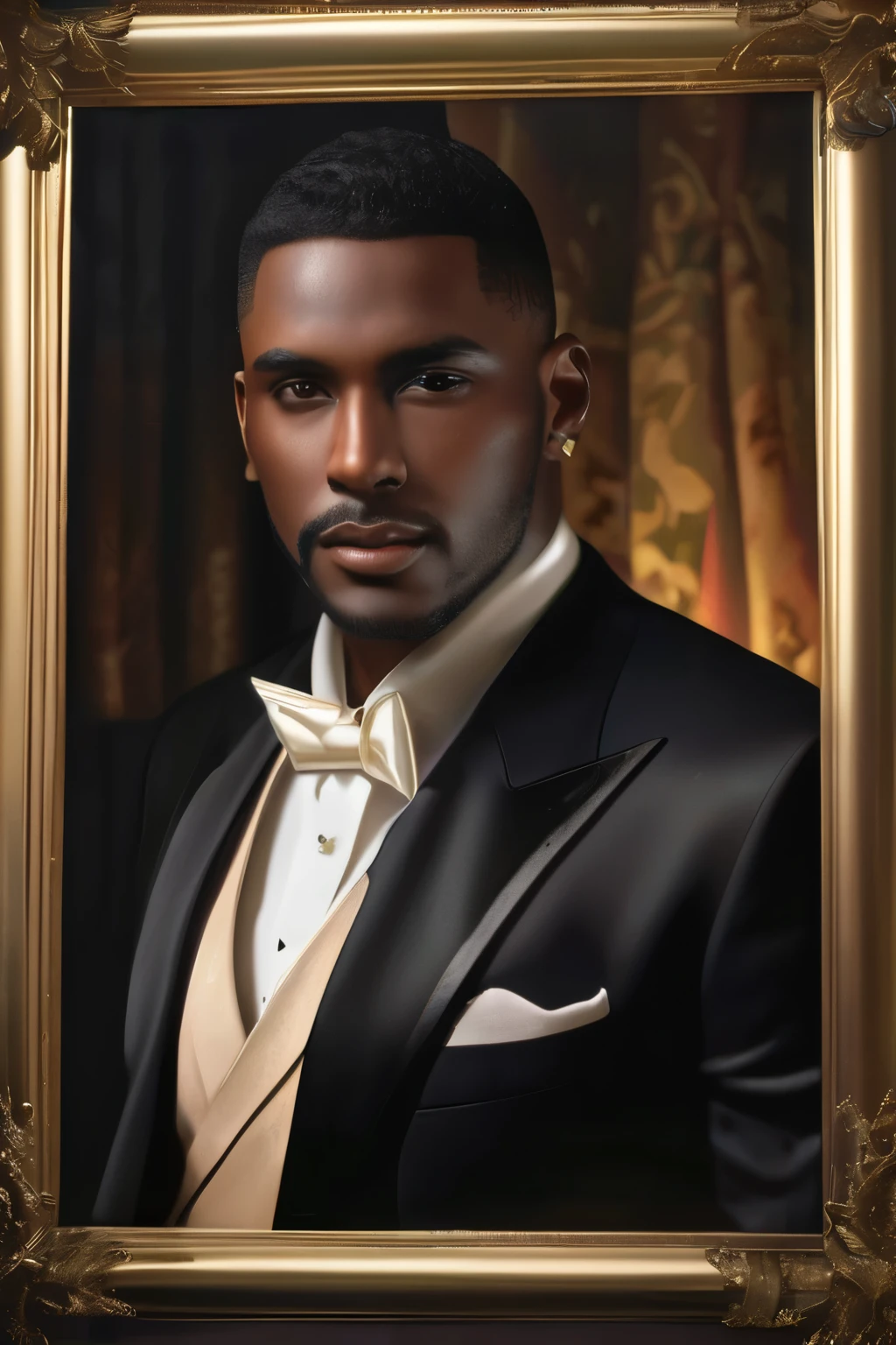 a handsome dark-skinned man with short hair, dark eyes and a gentle face, wealthy and elegant man, (best quality,4k,8k,highres,masterpiece:1.2),ultra-detailed,(realistic,photorealistic,photo-realistic:1.37),HDR,studio lighting,extremely detailed face and eyes,facial features highly detailed,sharp focus,vivid colors,chiaroscuro lighting,dramatic lighting,oil painting,cinematic,elegant,aristocratic,affluent,refined,sophisticated