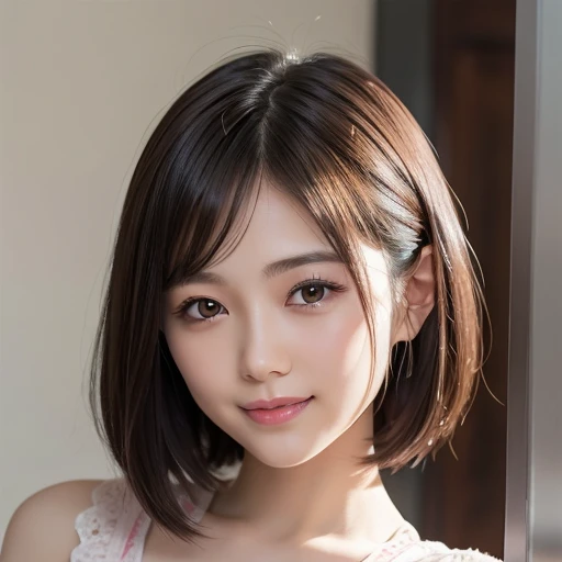 8k, highest quality, very detailed, high resolution, small breasts, thin lips, detailed face, cute smile, cute Japanese female idol, cute 24 year old beauty, beautiful and graceful features, cute face, natural bangs, well groomed, arched, thin eyebrows, ((large, well balanced eyes)), cute eyes, beautiful thin nose, beautiful skin, fair skin, medium bob hair, natural bangs, slim face, beautiful collarbone, slim figure, (looking at camera with a gentle smile), (face lighting), bright lighting, professional lighting, forward lighting, gentle smile, face lighting,