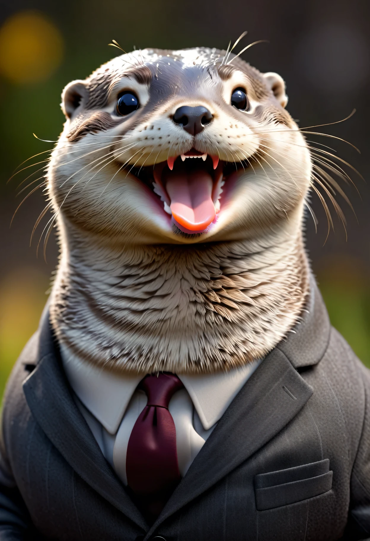 face close up photo of anthropomorphic [fat] otter,(furry), dressed in a dark gray suit, (sticking out tongue:1.5),(happy smile:1.5),(playful:1.2), soft lighting, Cinematic, hdr, primitive, Intricate, High quality, smoothing tones, Intricate details, Low contrast,(viewed from side:2.0), (looking at viwer:1.5), simple background