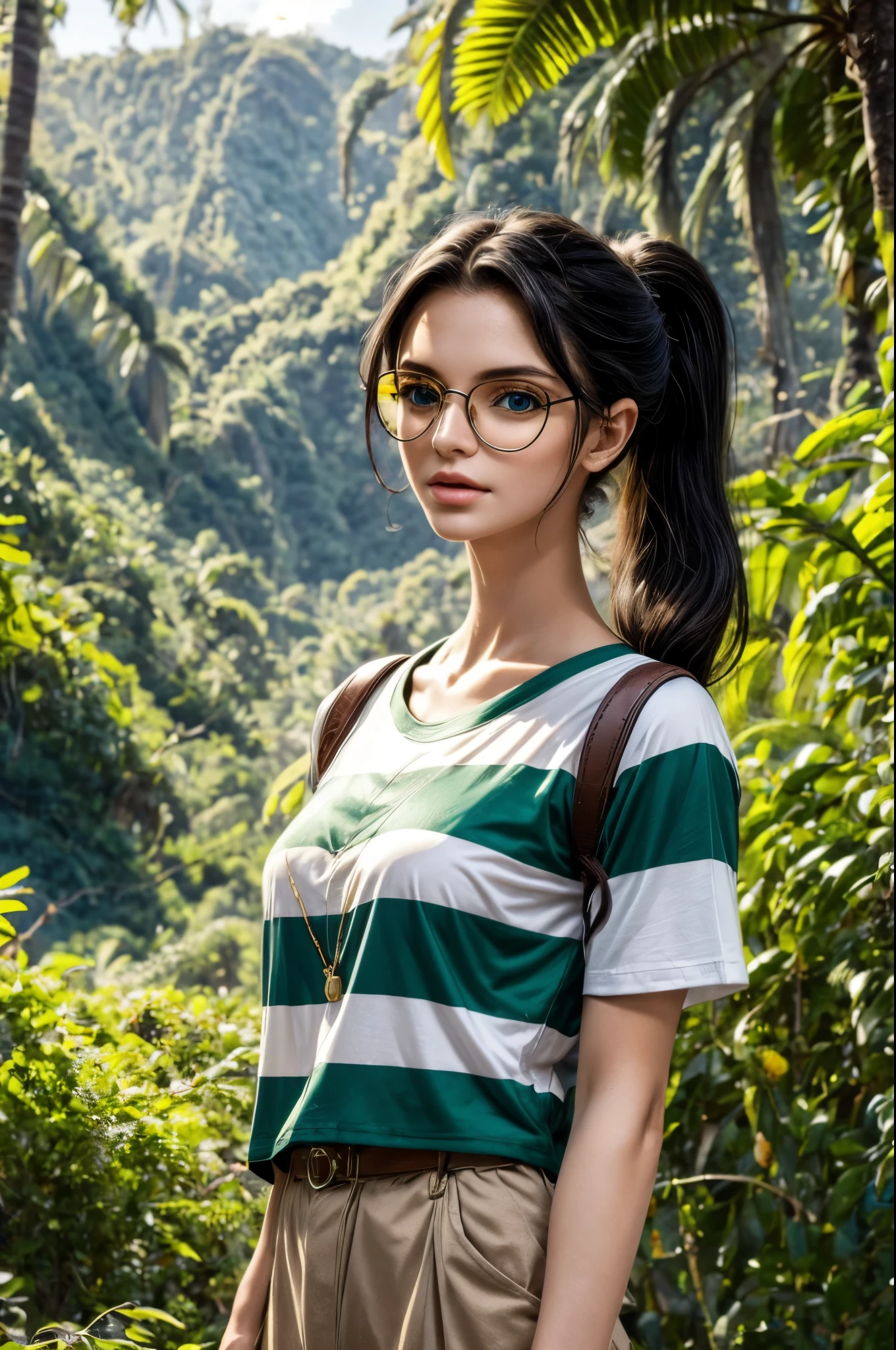 masterpiece, best quality, extremely detailed, hyperrealistic:1.1, photorealistic, a beautiful 20s russian model, ultra detailed face:1.1, glasses:1.1, green and white horizontal stripe t-shirt:1.1, brown backpack, lower ponytail, black hair, the scene of the amazon rainforest, well-defined lighting and shadows, in the sunshine, tongue out, touching hair