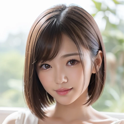 8k, highest quality, very detailed, high resolution, small breasts, thin lips, detailed face, cute smile, cute Japanese female idol, cute 24 year old beauty, beautiful and graceful features, cute face, natural bangs, well groomed, arched, thin eyebrows, ((large, well balanced eyes)), cute eyes, beautiful thin nose, beautiful skin, fair skin, medium bob hair, natural bangs, slim face, beautiful collarbone, slim figure, (looking at camera with a gentle smile), (face lighting), bright lighting, professional lighting, forward lighting, gentle smile, face lighting,