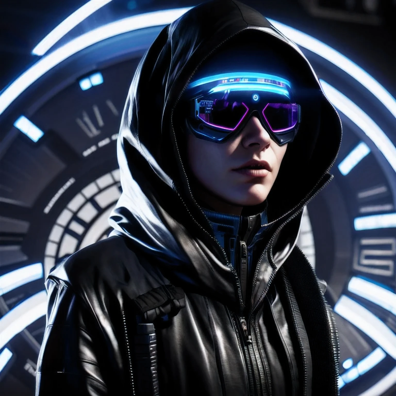 a close up of a person in a hoodedie standing in front of a clock, techwear occultist, dystopian sci-fi character, epic scifi character art, dark cyberpunk illustration, dark high-contrast concept art, dark futuristic, symmetric concept art, dark hooded wraith, epic sci - fi character art, epic sci-fi character art