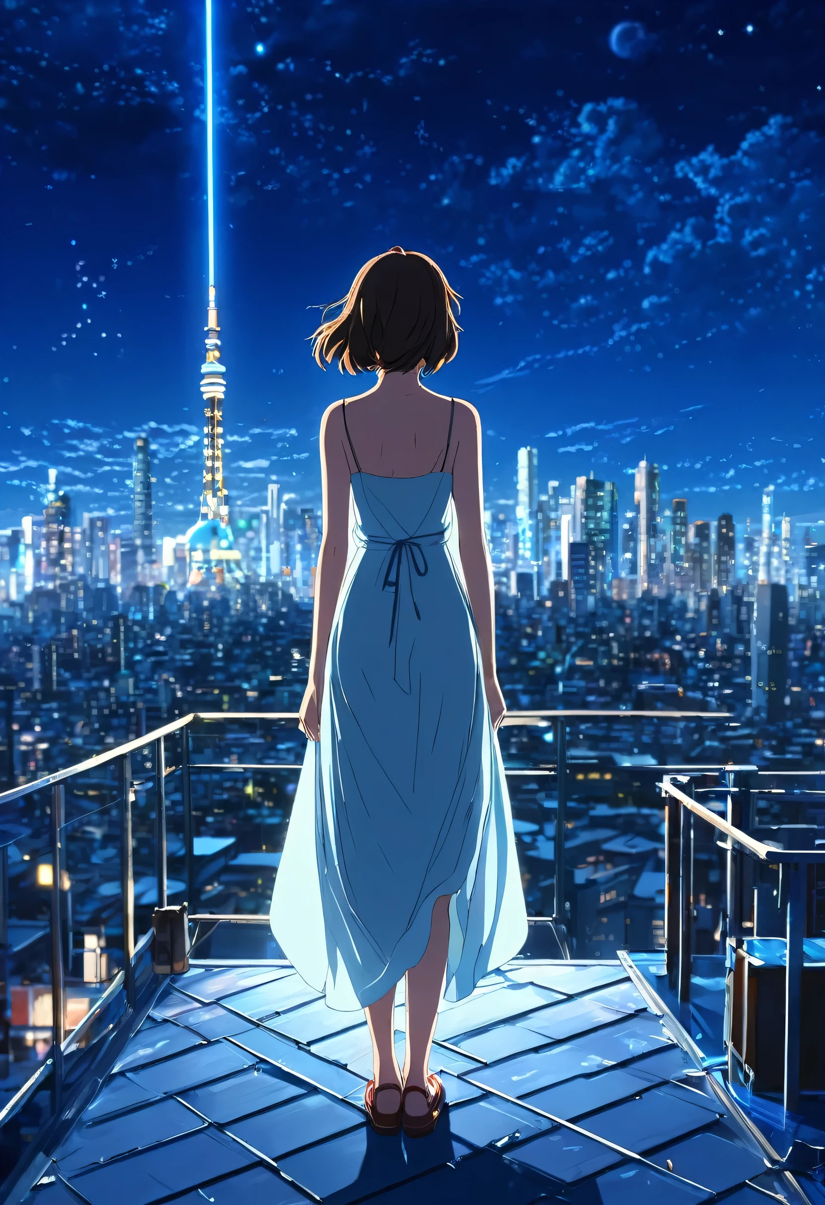 Anime girl in a long dress standing on a rooftop with a city in the background, Space Sky. by Makoto Shinkai, Makoto Shinkai cyril rolando, Makoto Shinkai!, in style of Makoto Shinkai, ( ( Makoto Shinkai ) ), Makoto Shinkai!!, Inspired by Makoto Shinkai, Beautiful anime scene