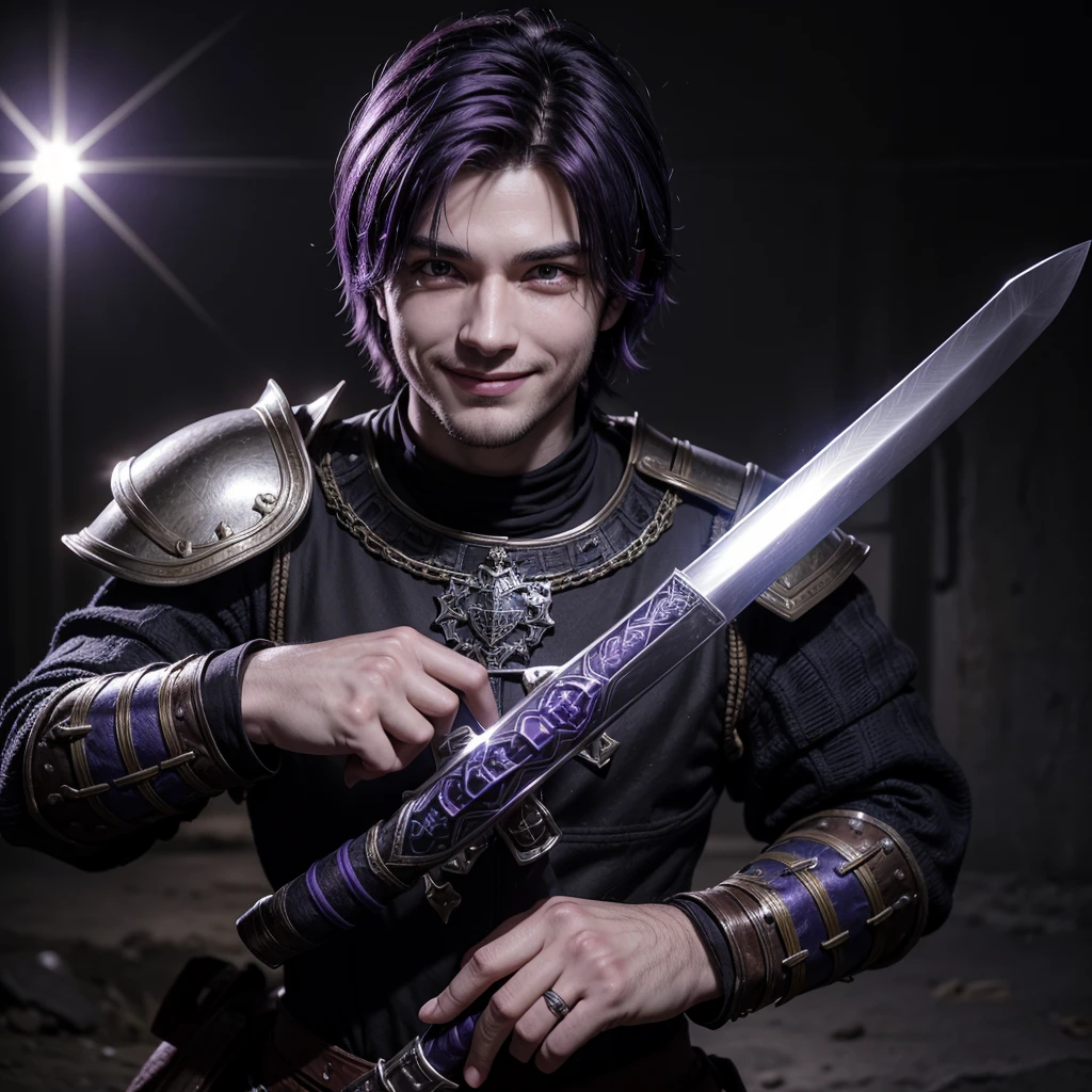 27-year-old man character with medieval era style, black and purple hair, one hand shining with power and the other hand holding a sword, wearing red and blue armor and with a smile on his face