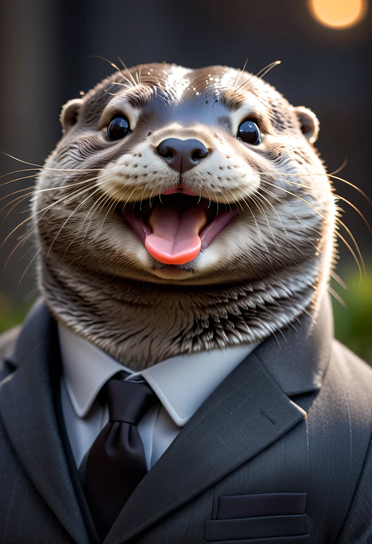 face close up photo of anthropomorphic fat otter,(furry), dressed in a dark gray suit, (sticking out tongue:1.5),(happy smile:1.5),(playful:1.2), soft lighting, Cinematic, hdr, primitive, Intricate, High quality, smoothing tones, Intricate details, Low contrast,(viewed from side:2.0), (looking at viwer:1.5), simple background