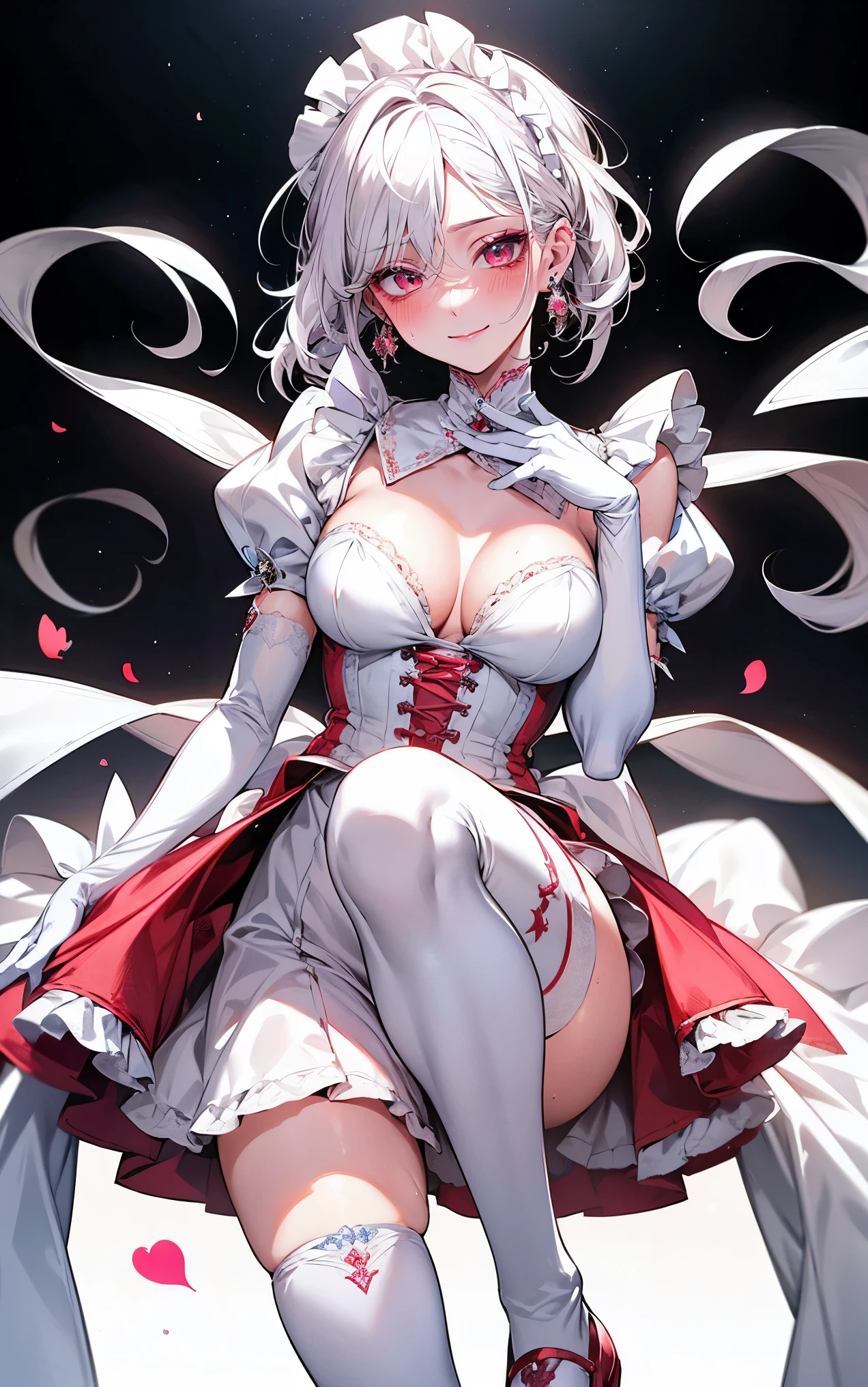 White Hair, Red eyes ,Blue eyeshadow, One Girl, alone, , Earrings ,Show Viewer, blush, , long white elbow satin gloves, , Maid clothes、Clothing covering the chest Jewelry, very, A kind smile, Long white elbow gloves, White gloves, 、whole body、sexy、Knee-high socks、Sweaty。High resolution、8k