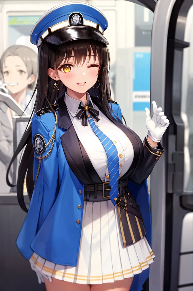 diesel \(nikke\),1 mature female, long hair,  standing, looking at viewer, smile, yellow eyes, earrings, jewelry, jacket on shoulders, white shirt, collared shirt, striped, blue necktie, white gloves, white skirt, blue headwear, peaked cap, train, cockpit, blush, strawberry, candy, lollipop, one eye closed,