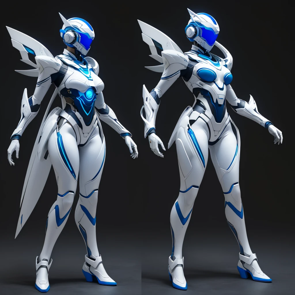 Dronificated woman in a full body star themed white latex suit with blue accents, with a enclosed helmet that completely cover her head and hides her identity that has a screen that shows a blue star, big , thin waist, wide hips and thick thigs