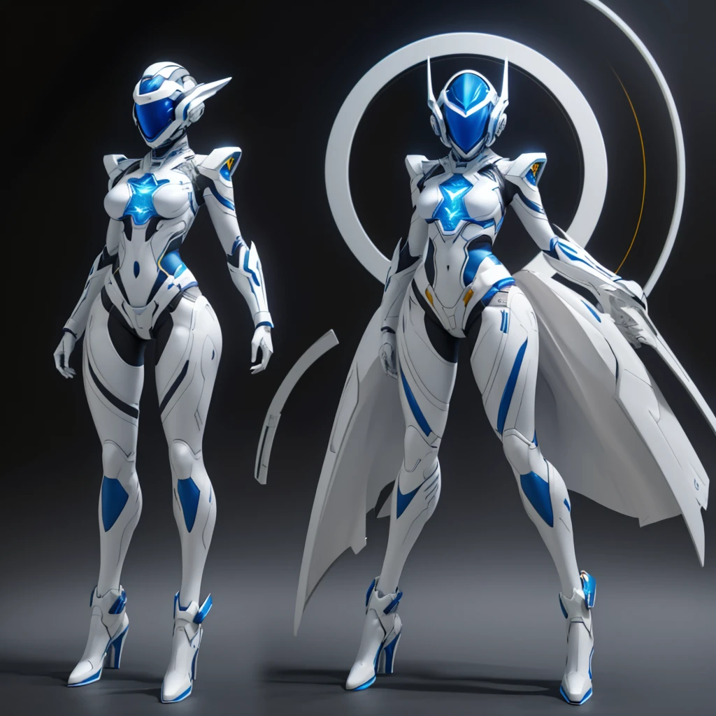 Dronificated woman in a full body star themed white latex suit with blue accents, with a enclosed helmet that completely cover her head and hides her identity that has a screen that shows a blue star, big , thin waist, wide hips and thick thigs