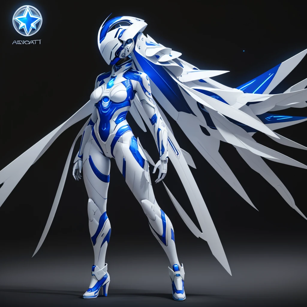Dronificated woman in a full body star themed white latex suit with blue accents, with a enclosed helmet that completely cover her head and hides her identity that has a screen that shows a blue star, big , thin waist, wide hips and thick thigs