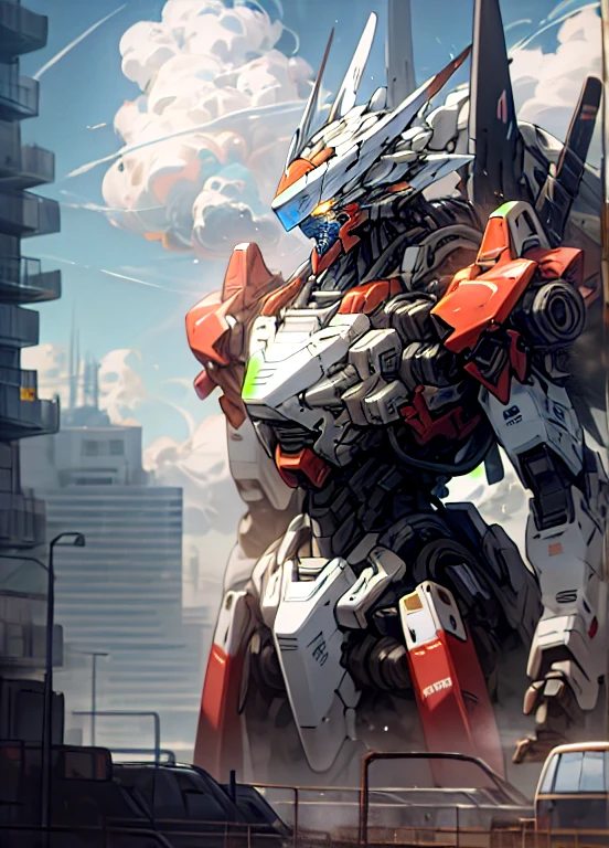 cielo, nube, tenencia_arma, No_humanos, brillante, , robot, edificio, brillante_eyes, mecha, ciencia_fiction, ciudad, realista,mecha