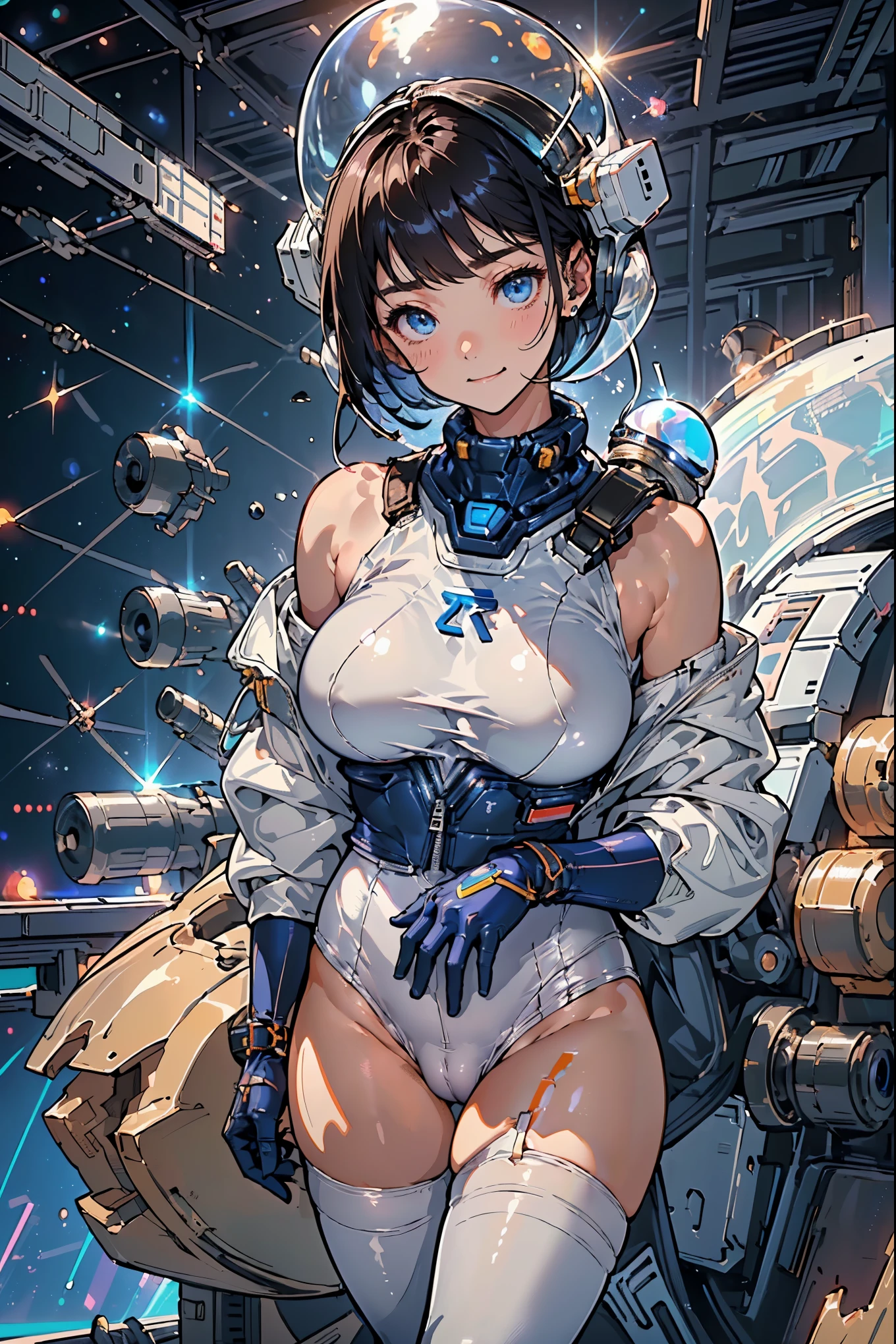 (masterpiece、best quality、Maximum resolution、Clear_image、details): (Full body picture、 girl、Japanese Face、Small face、Thin、Navy Blue Super Short Bob Hairstyle、blue eyes、((Navy long sleeve space suit、Space Helmet))、earphone、Cosmic Tote Bag、Cute、gentle smile、Soft expression、earphone、(((Knee-high boots)))、Gloves come to elbow length、Shoot at eye level、face directly、Woman on a spaceship), (((Camel toe))), ((Plain white tights))huge , Crazy breast swelling, Chest larger than shoulder blades, Big breasts and thin waist,(huge breasts:1.2),Hydrated skin((rogue))((非常huge乳房)),((Grooves reveal original skin))