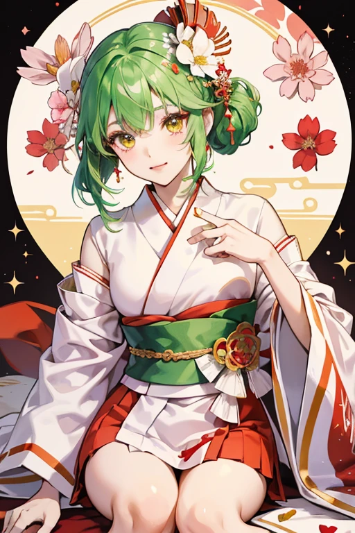Shigurehimetchi resembles a hime, or Japanese princess. She has green hair in a kanzashi hime cut style with pale pink skin and two Tama Hearts, one red and one white. She wears a red kimono, with a yellow sash, and white flowers near the bottom. SPARKLE; GLITTER