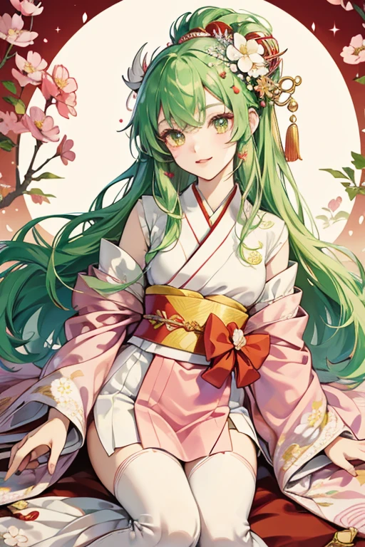 Shigurehimetchi resembles a hime, or Japanese princess. She has green hair in a kanzashi hime cut style with pale pink skin and two Tama Hearts, one red and one white. She wears a red kimono, with a yellow sash, and white flowers near the bottom. SPARKLE; GLITTER