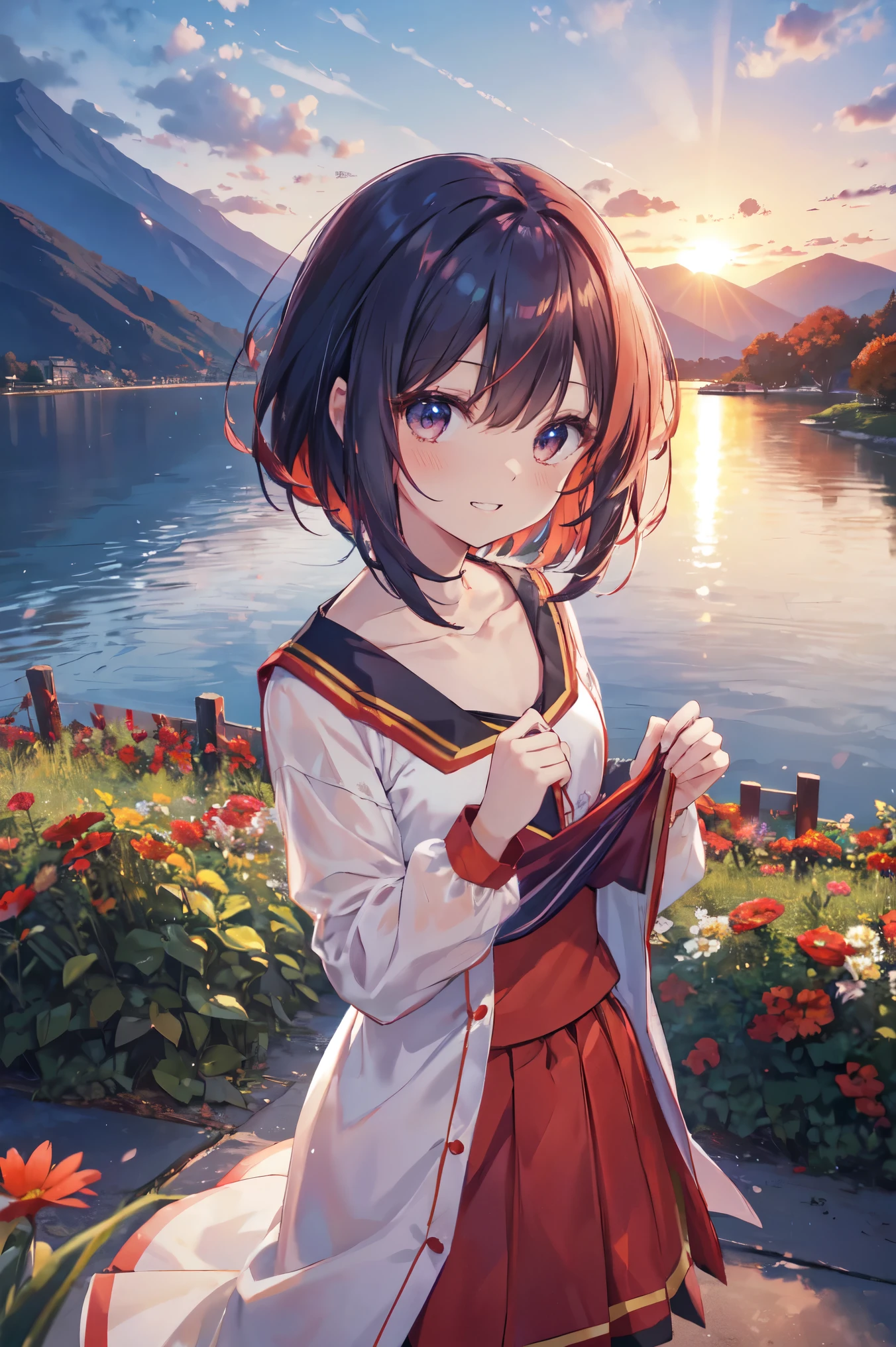 Kafei beloved, STU48 Kafei beloved, short hair, 濃い茶色のhair, One girl_Megumin_KonoSuba, autumn, autumn_Sheet, stripe, Beach, green_heaven, red面, chest, Marchrom_hair, Closed_Boca, nuvin, redい目, cloudy_heaven, clavicle, teeth, wear, Field, flower, flower_Field, horizon, lake, Sheet, looking for_in_ Viewer, Mountain, Mountain岳地帯_horizon, March, Outdoor, palm_wood, flower弁, plant, red_flower, short_hair, skirt_hold, heaven, With a smile, 一人in, Are standing, sunset, wood, Twilight, water, red_wear, Perfect Eyes