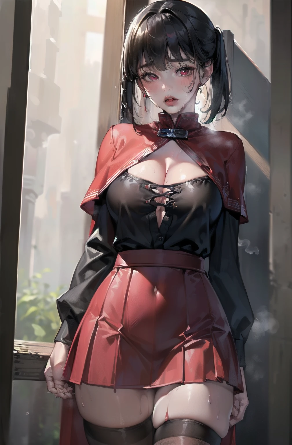 full body, (masterpiece, best quality:1.2), cowboy shot, solo, 1girl, ayanokouji rem, sad, open lips, heavy breath, wet skin, sweaty, looking at viewer, long sleeves, capelet, red skirt, thighhighs, cleavage