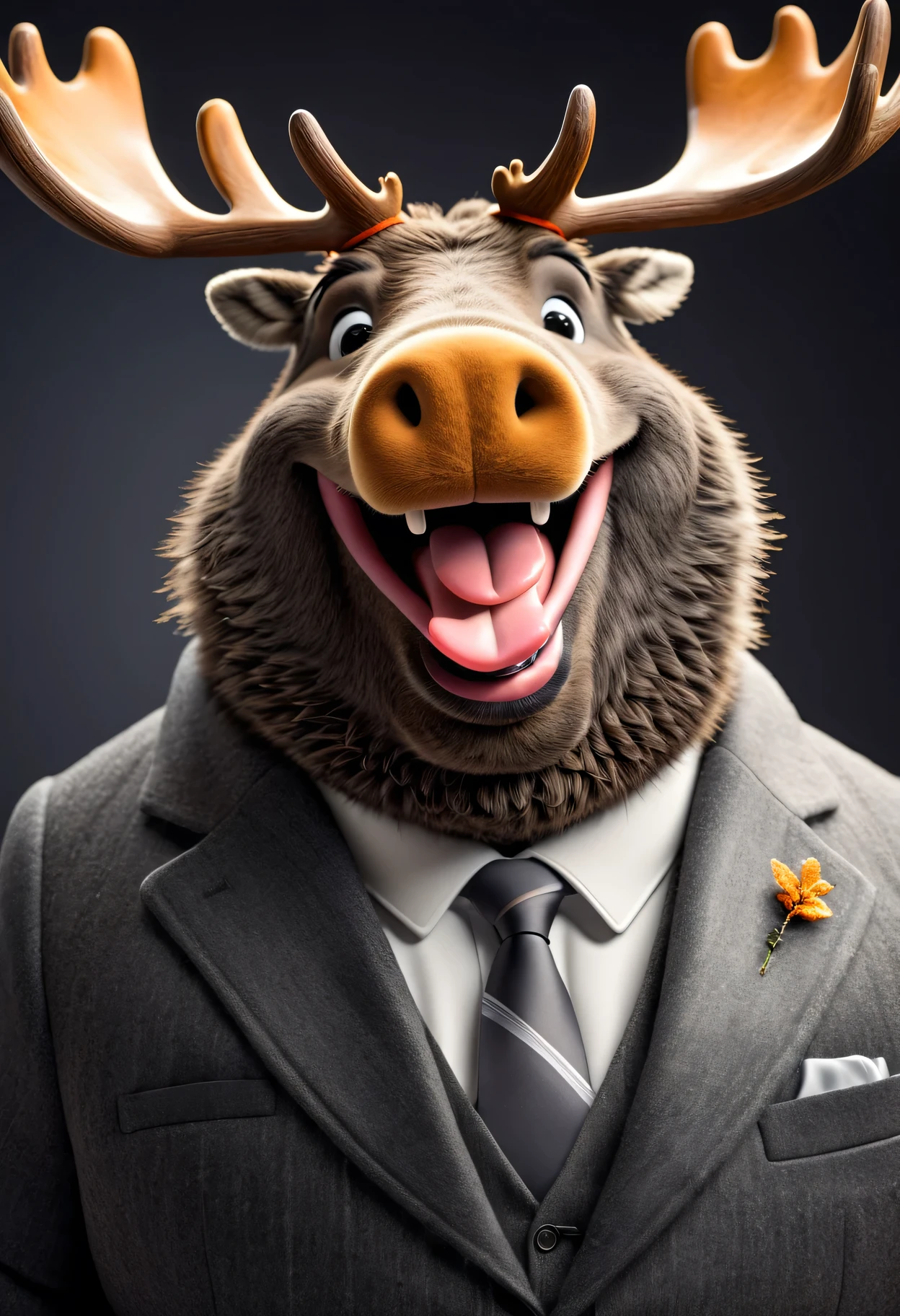 face close up photo of anthropomorphic fat moose,(furry), dressed in a dark gray suit, (sticking out tongue:1.5),(happy smile:1.5),(playful:1.2), soft lighting, Cinematic, hdr, primitive, Intricate, High quality, smoothing tones, Intricate details, Low contrast,(viewed from side:2.0), (looking at viwer:1.5), simple background