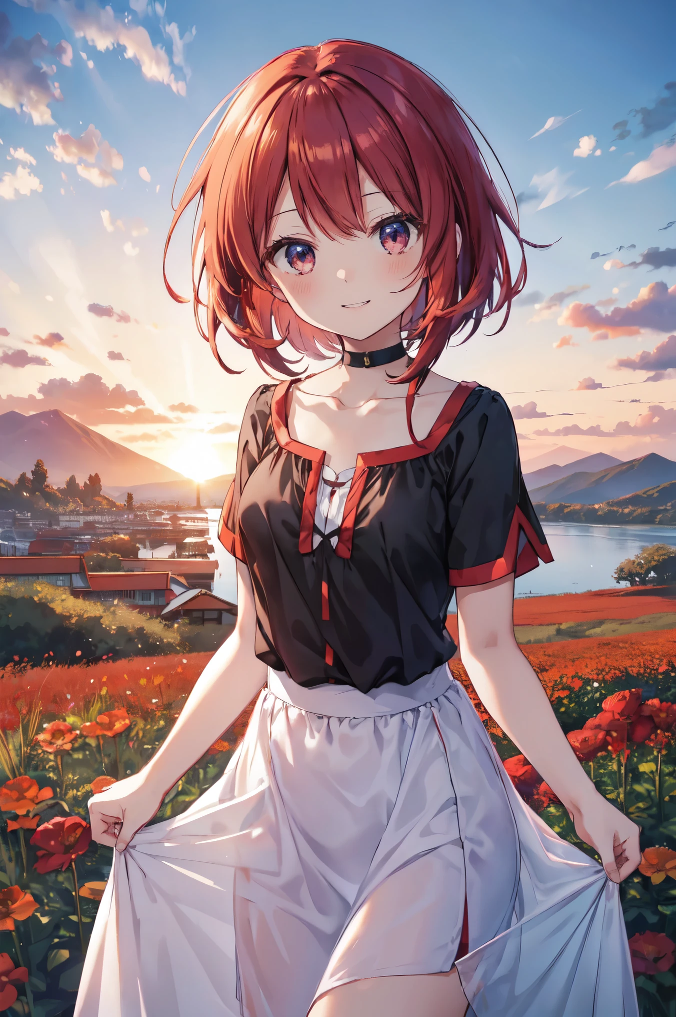 Kafei beloved, STU48 Kafei beloved, short hair, 濃い茶色のhair, One girl_Megumin_KonoSuba, autumn, autumn_Sheet, stripe, Beach, green_heaven, red面, chest, Marchrom_hair, Closed_Boca, nuvin, redい目, cloudy_heaven, clavicle, teeth, wear, Field, flower, flower_Field, horizon, lake, Sheet, looking for_in_ Viewer, Mountain, Mountain岳地帯_horizon, March, Outdoor, palm_wood, flower弁, plant, red_flower, short_hair, skirt_hold, heaven, With a smile, 一人in, Are standing, sunset, wood, Twilight, water, red_wear, Perfect Eyes