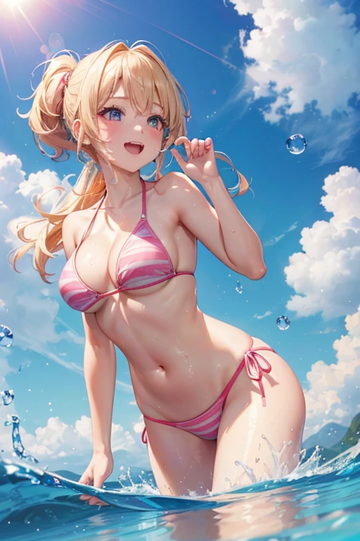 highest quality, masterpiece, Very beautiful, Highly detailed 8K wallpapers, Beautiful girl from another world, , (White skin), (Blonde hair Pink gradient hair), Side Pony, Intermittently, Laughing with your mouth open, Long eyelashes, cosmetics, With one eye open, (Zoom out, Greater than, The Big Leak, summer, Beach, (bikini), Reflection on the surface of the water, (Floating water droplets blur the foreground), (blue sky), Lens flare brilliance, (Splash), Light of the sun,Swimwear，Prostitute