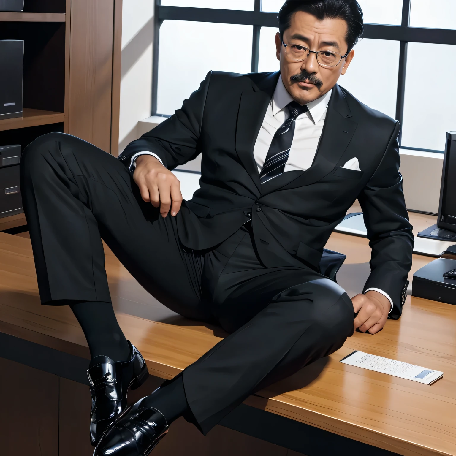 55 years old，Kogoro Mori，uncle，，Convex，in office，Wear black socks，anti-slip leather shoes，White liquid on leather shoes，beard，toughness，Drooling in the mouth，HD，artwork，Charming and sexy expression pose，full of enjoyment，Very shy，exposed，Spread your legs and straighten them，Wear a suit，Trousers，A large protrusion with masculine characteristics，Wear black socks，The crotch has columnar protrusions，God&#39;view，Take off your pants，Sexy lingerie lace，Floor perspective, Ecstasy expression/gender(milky, Translucent mucus in the abdomen and chest)