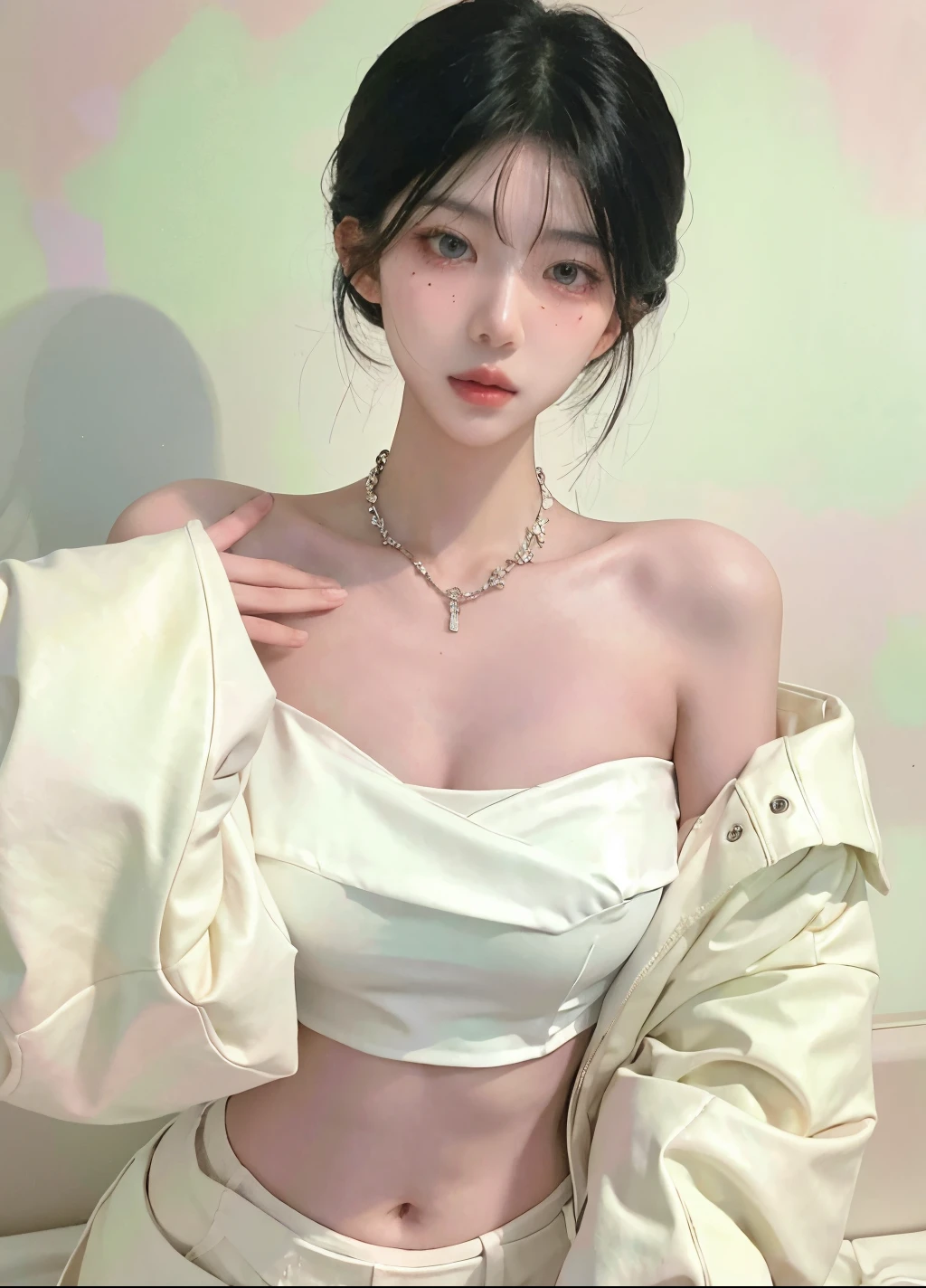 Beautiful woman with perfect figure:1.4,Layered hairstyle,White skin,Prominent cleavage,Bikini:1.5,Super short pleated skirt,whole body,Very delicate facial and skin texture,Double eyelids,Skin Whitening,Long white hair
