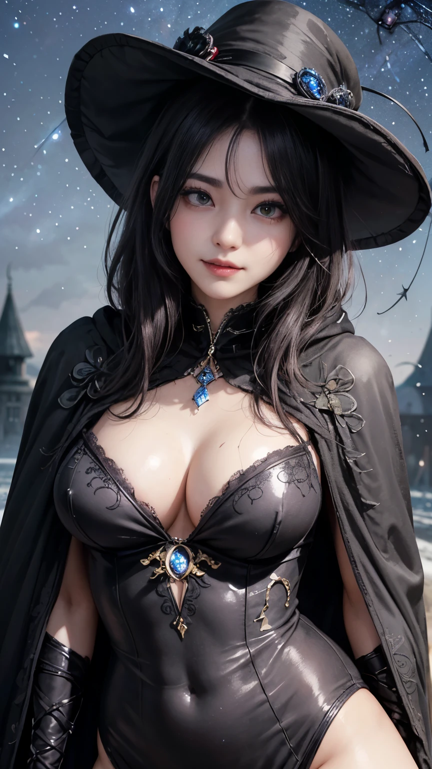 (Fatal Beauty,A charming villain,witch) ,(A supple and powerful physique),(Sensual charm),(Mysterious charm:1.1),(Captivating silhouette),((((Wicked Smile))))、((((big sapphire necklace))))、(highest quality,High resolution:1.2),(dark,Threatening:1.1),((dark horror theme:1.5),(Thriller:1.5)),(Dark fantasy:1.5),  (((Countless stars fly away:1.5),(Absurd:1.5),(wonderful:1.5))),Woman in a dress, (Powerful numbers:1.1),(((Big Breasts))),(((Muscular:1.1))), cute face, Sexy Face, , Very detailedなbeautiful女の子, (Ideal body type:1.8), Very detailed faceexpressive lips, (とてもbeautiful、Crisp big eyes:1.5), Fine skin., All features are shown in detail., The outline of the fingers is beautifully drawn....., The nose is precisely shaped., expressive lips, Perfect Anatomy,cute、Realistic、(Front view:1.4),(Face Focus:1.3), realistic girl rendering, 8k artistic german bokeh, Enchanting girl, Real Girls, Gurwitz, Gurwitz-style artwork, Girl Roleplay, Realistic 3D style, cgstation Popular Topics, 8K Portrait Rendering,(truth，truth：1.4),Sexy Body,( Very lean body:1.6),Sexy pose, blush, Attractive body, Very curly hair, Purple Curly Hair, very big hair, Very curly hair, prime color,Urban,Very detailed,masterpiece,Intricate details,Faded,Very detailed, Eye on the details,Intricate details,暗くてSpooky atmosphere,  spiritual being, Unforgettably beautiful, Ghostly figures, Shadow-like shape, Spooky whispers, Ominous Aura, Goth Maiden,  Like dazzling fur in a starless haze,Her Mogul Snaps, Mysterious Cemetery,Black hair swaying in the moonlight, She summons darkness, (beautiful: 1.7), (Black Hat: 1.6), (An intricately decorated jet-black cloak: 1.6), (Delicately decorated cloak, Despite the damage: 1.5), Hypermaximalist,  Breathtaking oil paintings, Surreal, Ultra-realistic digital illustrations that mimic the style of oil paintings, wonderful構成,  (Shining Eyes:1.6)、(Glowing Eyes:1.1),(hellish landscape:1.1),(fire,sulfur:1.1),(Threatening atmosphere:1.1),(dark shadows,Threatening presence:1.1),(Unlucky Clouds,Stormy Skies:1.1),(dark,Spooky atmosphere:1.1),(Aura of misfortune,Evil energy:1.1),(dark aura,cigarette:1.1),(Extreme heat,Burning Flames:1.1),(Nightmare Visions:1.1),(Predicting the end:1.1),(Whispers of misfortune,Devilish Laugh:1.1),(Cries of pain,echoing screams:1.1),(Bad luck symbol,Ancient runes:1.1),(Mysterious Relic,dark art ifacts:1.1),(Infernal Ritual,Ritual sacrifice:1.1),(Eternal Ruin,A hopeless existence:1.1),  Inspired by abandoned mech backgrounds. Art created by Craig Mullins, Necrostyle., Detailed Description, Futuristic sci-fi scene. Focus on SFCon