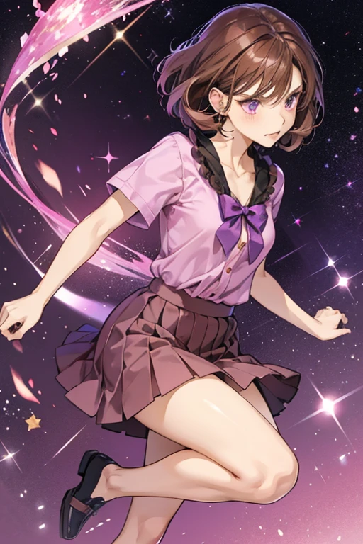 Shioritchi resembles an angry older lady with brown hair, a pink and purple shirt, and a dark purple skirt. She is not wearing anything on her feet. SPARKLE; GLITTER