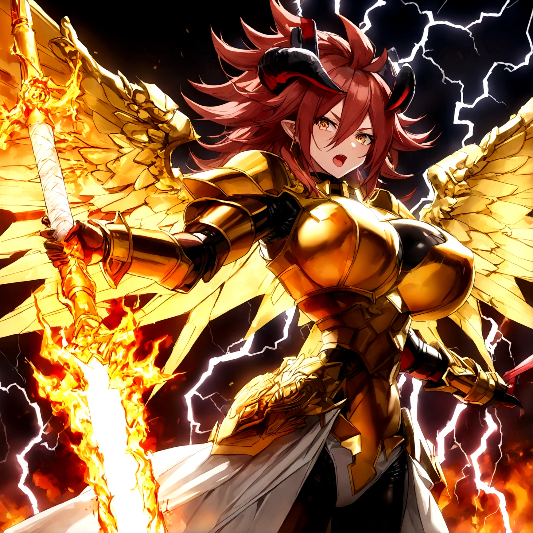 ((Lightning Power)), ((Electricity)), ((Fire Background)), ((Lightning Storm)), ((Power Erupting)),((((android 21)))), (((white Coat))), (((Busty))), (((((Big breast:1,3)))), luxury bustier corset, ((silver hair)), (((Very slim waist))), propotional body, ((Gorgeous)), (((gold wings))), masterpiece, hyperdetail, ambient effect, digital effect, (((FIRE SWORD)), (((Lightning Sword))), (((Fire Gold Armor))), (((Lightning Gold Wings))), (((Fire Demon Horns))), (((Lightning Demon Horns)))