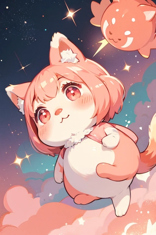 Shippotchi has a light pink body with chubby cheeks, coral-colored blush spots, and round coral-colored ears. She has a short tail with a red circle at the end. SPARKLE; GLITTER